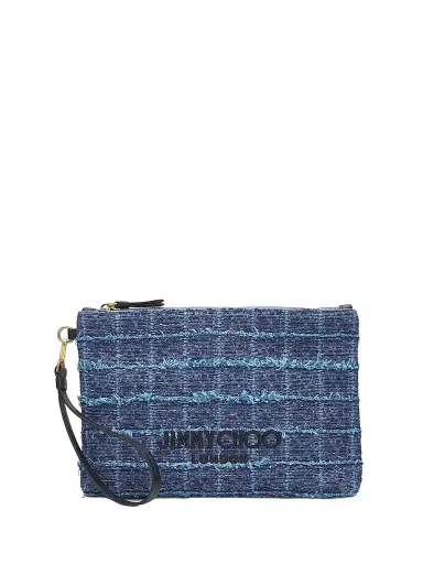 Jimmy Choo Women's Crosshatch Denim Flat Pouch - Denim Grid Light Gold | Thumbnail 1 Jimmy Choo Women's Crosshatch Denim Flat Pouch - Denim Grid Light Gold | Thumbnail 1