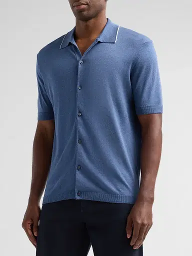 Saks Fifth Avenue Men's Cotton-Silk Knit Tipped-Collar Sweater - Blue | Thumbnail 4 Saks Fifth Avenue Men's Cotton-Silk Knit Tipped-Collar Sweater - Blue | Thumbnail 4