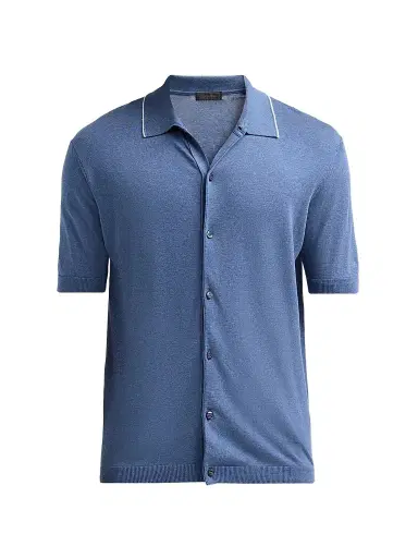 Saks Fifth Avenue Men's Cotton-Silk Knit Tipped-Collar Sweater - Blue | Thumbnail 1 Saks Fifth Avenue Men's Cotton-Silk Knit Tipped-Collar Sweater - Blue | Thumbnail 1