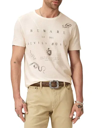 JOHN VARVATOS Men's Beware Raw-Edge Crewneck T-Shirt - Buttercream - Size XL | Thumbnail 5 JOHN VARVATOS Men's Beware Raw-Edge Crewneck T-Shirt - Buttercream - Size XL | Thumbnail 5