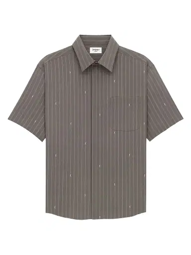 Saint Laurent Men's Shirt in Cassandre Stripe Silk Crepe De Chine - Gris Blanc - Size 15 | Thumbnail 1 Saint Laurent Men's Shirt in Cassandre Stripe Silk Crepe De Chine - Gris Blanc - Size 15 | Thumbnail 1