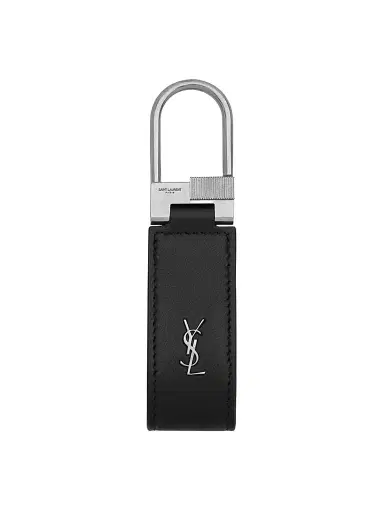 Saint Laurent Men's Tiny Cassandre Keyring in Shiny Leather - Black | Thumbnail 1 Saint Laurent Men's Tiny Cassandre Keyring in Shiny Leather - Black | Thumbnail 1