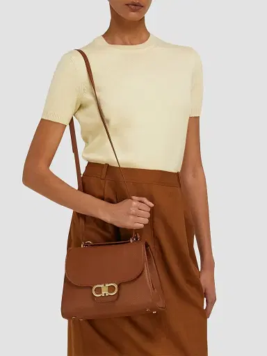 FERRAGAMO Women's Double Gancini Leather Top Handle Bag - New Cognac | Thumbnail 2 FERRAGAMO Women's Double Gancini Leather Top Handle Bag - New Cognac | Thumbnail 2