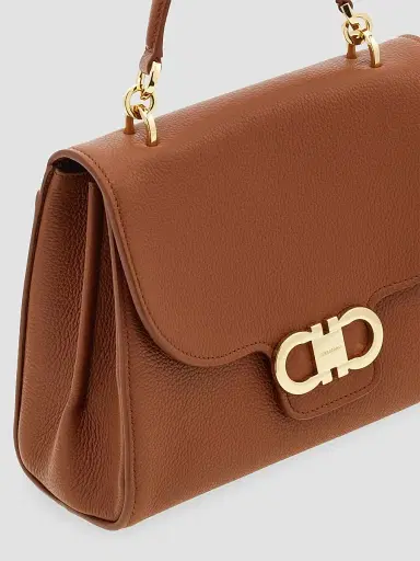 FERRAGAMO Women's Double Gancini Leather Top Handle Bag - New Cognac | Thumbnail 7 FERRAGAMO Women's Double Gancini Leather Top Handle Bag - New Cognac | Thumbnail 7