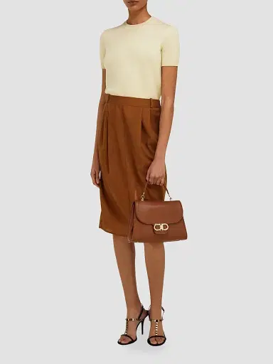 FERRAGAMO Women's Double Gancini Leather Top Handle Bag - New Cognac | Thumbnail 8 FERRAGAMO Women's Double Gancini Leather Top Handle Bag - New Cognac | Thumbnail 8