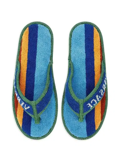 Versace Men's Logo Striped Jacquard Flip-Flops - Blue Multicolor | Thumbnail 1 Versace Men's Logo Striped Jacquard Flip-Flops - Blue Multicolor | Thumbnail 1