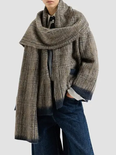 Brunello Cucinelli Women's Mohair and Wool Prince of Wales Double Knit Outerwear Jacket with Scarf - Brown - Size XXL | Thumbnail 2 Brunello Cucinelli Women's Mohair and Wool Prince of Wales Double Knit Outerwear Jacket with Scarf - Brown - Size XXL | Thumbnail 2