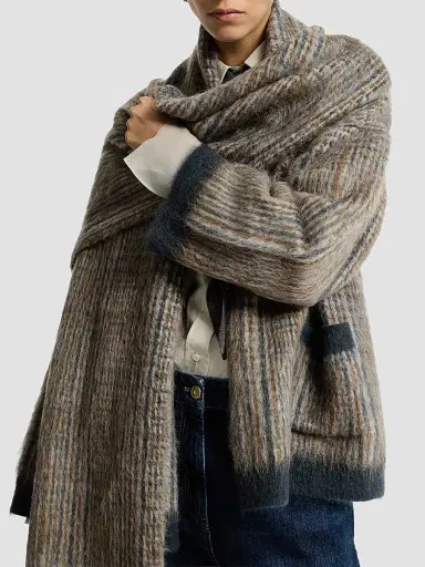 Brunello Cucinelli Women's Mohair and Wool Prince of Wales Double Knit Outerwear Jacket with Scarf - Brown - Size XXL | Thumbnail 5 Brunello Cucinelli Women's Mohair and Wool Prince of Wales Double Knit Outerwear Jacket with Scarf - Brown - Size XXL | Thumbnail 5