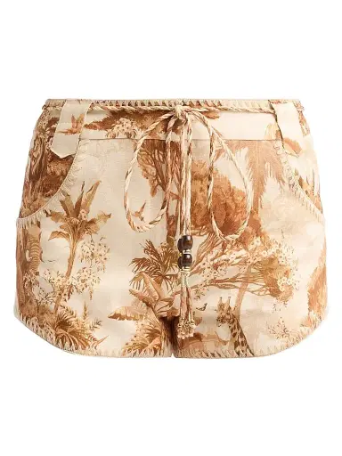 Zimmermann Women's Indra Printed Linen Shorts - Coffee Safari | Thumbnail 1 Zimmermann Women's Indra Printed Linen Shorts - Coffee Safari | Thumbnail 1