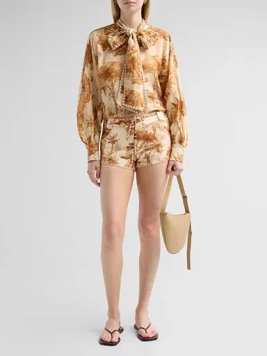 Zimmermann Women's Indra Printed Tieneck Blouse - Coffee Safari | Thumbnail 2 Zimmermann Women's Indra Printed Tieneck Blouse - Coffee Safari | Thumbnail 2