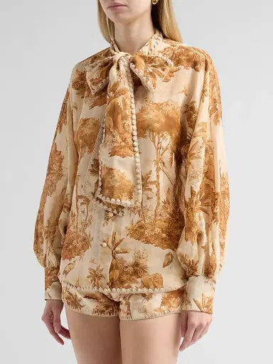 Zimmermann Women's Indra Printed Tieneck Blouse - Coffee Safari | Thumbnail 4 Zimmermann Women's Indra Printed Tieneck Blouse - Coffee Safari | Thumbnail 4