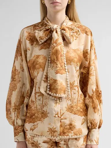 Zimmermann Women's Indra Printed Tieneck Blouse - Coffee Safari | Thumbnail 5 Zimmermann Women's Indra Printed Tieneck Blouse - Coffee Safari | Thumbnail 5