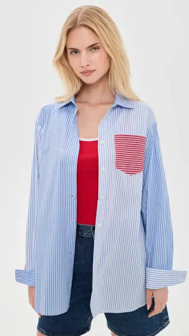 Solid & Striped The Avril Button Down Shirt Colorblock Marina Blue tripe | Thumbnail 2 Solid & Striped The Avril Button Down Shirt Colorblock Marina Blue tripe | Thumbnail 2