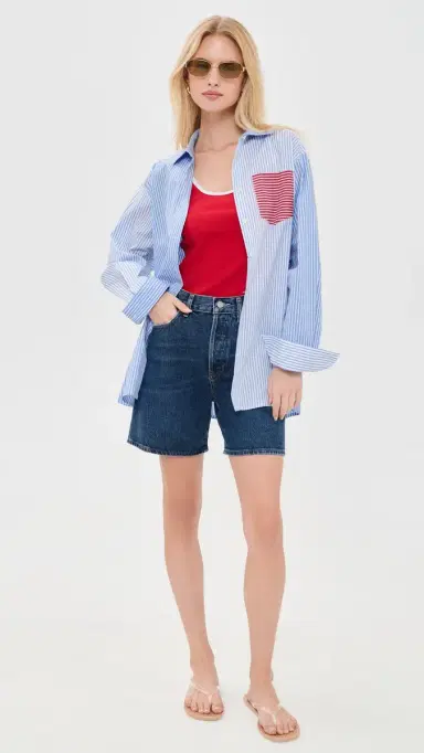 Solid & Striped The Avril Button Down Shirt Colorblock Marina Blue tripe | Thumbnail 5 Solid & Striped The Avril Button Down Shirt Colorblock Marina Blue tripe | Thumbnail 5
