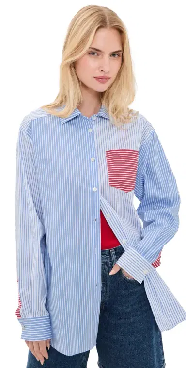 Solid & Striped The Avril Button Down Shirt Colorblock Marina Blue tripe | Thumbnail 1 Solid & Striped The Avril Button Down Shirt Colorblock Marina Blue tripe | Thumbnail 1