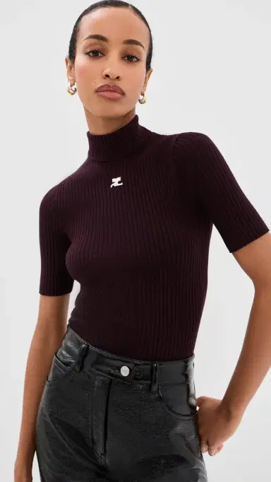 Courrèges Reedition Short Sleeves Rib Knit Sweater Burgundy | Thumbnail 2 Courrèges Reedition Short Sleeves Rib Knit Sweater Burgundy | Thumbnail 2