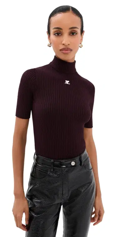Courrèges Reedition Short Sleeves Rib Knit Sweater Burgundy | Thumbnail 1 Courrèges Reedition Short Sleeves Rib Knit Sweater Burgundy | Thumbnail 1