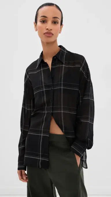 Tibi heer Wool Gauze Oversized Check Shirt Black multi | Thumbnail 2 Tibi heer Wool Gauze Oversized Check Shirt Black multi | Thumbnail 2