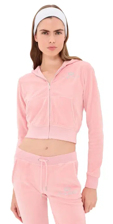 Sporty & Rich Juicy Script Velour Zip Hoodie Rose L | Thumbnail 1 Sporty & Rich Juicy Script Velour Zip Hoodie Rose L | Thumbnail 1
