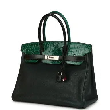 HERMÈS Pre-owned Hermes "Patchwork" Birkin 30 Vert Titien, Vert Fonce, Malachite, Emeraude Chevre Mysore, Clemence, Shiny Porosus Crocodile, Epsom, Swift, Box Palladium Hardware | Thumbnail 5 HERMÈS Pre-owned Hermes "Patchwork" Birkin 30 Vert Titien, Vert Fonce, Malachite, Emeraude Chevre Mysore, Clemence, Shiny Porosus Crocodile, Epsom, Swift, Box Palladium Hardware | Thumbnail 5