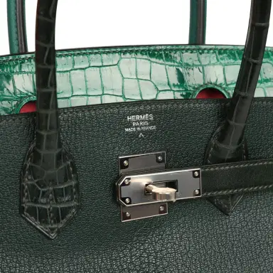 HERMÈS Pre-owned Hermes "Patchwork" Birkin 30 Vert Titien, Vert Fonce, Malachite, Emeraude Chevre Mysore, Clemence, Shiny Porosus Crocodile, Epsom, Swift, Box Palladium Hardware | Thumbnail 7 HERMÈS Pre-owned Hermes "Patchwork" Birkin 30 Vert Titien, Vert Fonce, Malachite, Emeraude Chevre Mysore, Clemence, Shiny Porosus Crocodile, Epsom, Swift, Box Palladium Hardware | Thumbnail 7
