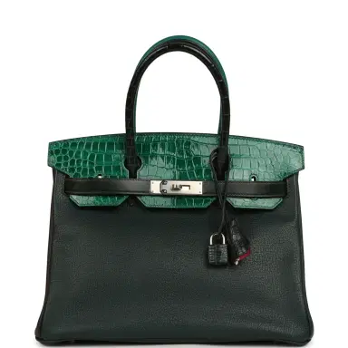 HERMÈS Pre-owned Hermes "Patchwork" Birkin 30 Vert Titien, Vert Fonce, Malachite, Emeraude Chevre Mysore, Clemence, Shiny Porosus Crocodile, Epsom, Swift, Box Palladium Hardware | Thumbnail 1 HERMÈS Pre-owned Hermes "Patchwork" Birkin 30 Vert Titien, Vert Fonce, Malachite, Emeraude Chevre Mysore, Clemence, Shiny Porosus Crocodile, Epsom, Swift, Box Palladium Hardware | Thumbnail 1