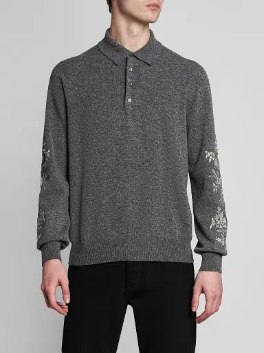 Alexander McQueen Men's Floral-Embroidered Wool Long-Sleeve Polo Sweater - Grey Ivory - Size 40 | Thumbnail 3 Alexander McQueen Men's Floral-Embroidered Wool Long-Sleeve Polo Sweater - Grey Ivory - Size 40 | Thumbnail 3