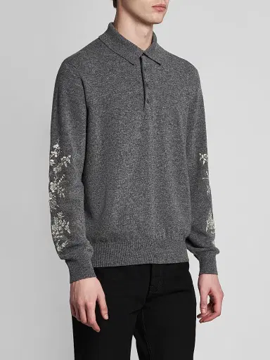 Alexander McQueen Men's Floral-Embroidered Wool Long-Sleeve Polo Sweater - Grey Ivory - Size 40 | Thumbnail 4 Alexander McQueen Men's Floral-Embroidered Wool Long-Sleeve Polo Sweater - Grey Ivory - Size 40 | Thumbnail 4