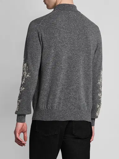Alexander McQueen Men's Floral-Embroidered Wool Long-Sleeve Polo Sweater - Grey Ivory - Size 40 | Thumbnail 5 Alexander McQueen Men's Floral-Embroidered Wool Long-Sleeve Polo Sweater - Grey Ivory - Size 40 | Thumbnail 5