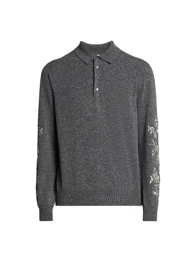 Alexander McQueen Men's Floral-Embroidered Wool Long-Sleeve Polo Sweater - Grey Ivory - Size 40 | Thumbnail 1 Alexander McQueen Men's Floral-Embroidered Wool Long-Sleeve Polo Sweater - Grey Ivory - Size 40 | Thumbnail 1