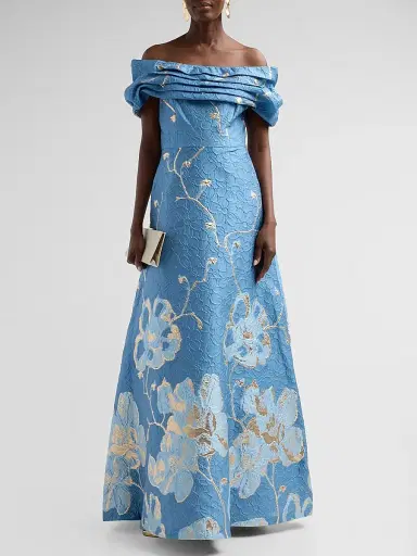 Teri Jon by Rickie Freeman Women's Floral Jacquard Off-The-Shoulder A-Line Gown - Slate Multi - Size 18 | Thumbnail 2 Teri Jon by Rickie Freeman Women's Floral Jacquard Off-The-Shoulder A-Line Gown - Slate Multi - Size 18 | Thumbnail 2