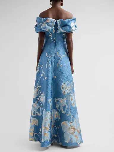Teri Jon by Rickie Freeman Women's Floral Jacquard Off-The-Shoulder A-Line Gown - Slate Multi - Size 18 | Thumbnail 3 Teri Jon by Rickie Freeman Women's Floral Jacquard Off-The-Shoulder A-Line Gown - Slate Multi - Size 18 | Thumbnail 3