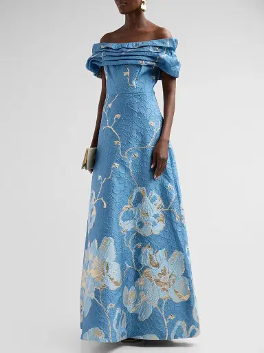 Teri Jon by Rickie Freeman Women's Floral Jacquard Off-The-Shoulder A-Line Gown - Slate Multi - Size 18 | Thumbnail 4 Teri Jon by Rickie Freeman Women's Floral Jacquard Off-The-Shoulder A-Line Gown - Slate Multi - Size 18 | Thumbnail 4