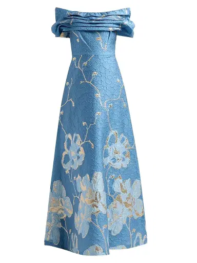 Teri Jon by Rickie Freeman Women's Floral Jacquard Off-The-Shoulder A-Line Gown - Slate Multi - Size 18 | Thumbnail 1 Teri Jon by Rickie Freeman Women's Floral Jacquard Off-The-Shoulder A-Line Gown - Slate Multi - Size 18 | Thumbnail 1