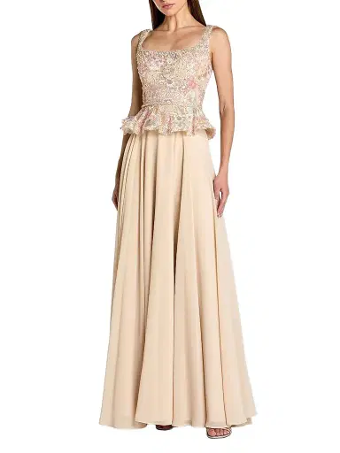 Mac Duggal Women's Petite Chiffon Embroidered Peplum Gown - Champagne - Size Petite 12 | Thumbnail 1 Mac Duggal Women's Petite Chiffon Embroidered Peplum Gown - Champagne - Size Petite 12 | Thumbnail 1