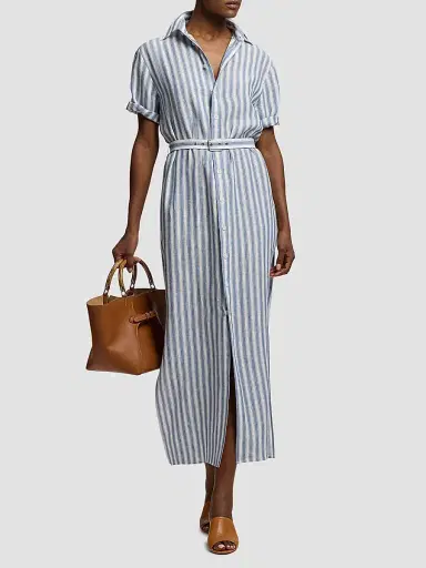 Ralph Lauren Collection Women's Carol Umbrella Stripe Linen Shirtdress - Chambray Blue Cream - Size 8 | Thumbnail 2 Ralph Lauren Collection Women's Carol Umbrella Stripe Linen Shirtdress - Chambray Blue Cream - Size 8 | Thumbnail 2