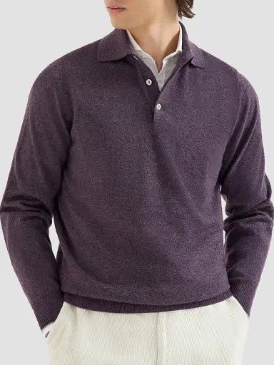 Brunello Cucinelli Men's Cashmere Knit Polo Shirt - Blueberry | Thumbnail 2 Brunello Cucinelli Men's Cashmere Knit Polo Shirt - Blueberry | Thumbnail 2