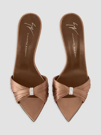 Giuseppe Zanotti Women's Intrigo 90MM Silk Stiletto Mules - Chocolate | Thumbnail 5 Giuseppe Zanotti Women's Intrigo 90MM Silk Stiletto Mules - Chocolate | Thumbnail 5