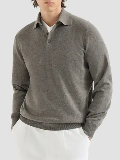 Brunello Cucinelli Men's Cashmere Knit Polo Shirt - Military | Thumbnail 2 Brunello Cucinelli Men's Cashmere Knit Polo Shirt - Military | Thumbnail 2