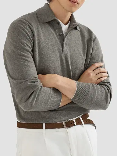 Brunello Cucinelli Men's Cashmere Knit Polo Shirt - Military | Thumbnail 4 Brunello Cucinelli Men's Cashmere Knit Polo Shirt - Military | Thumbnail 4