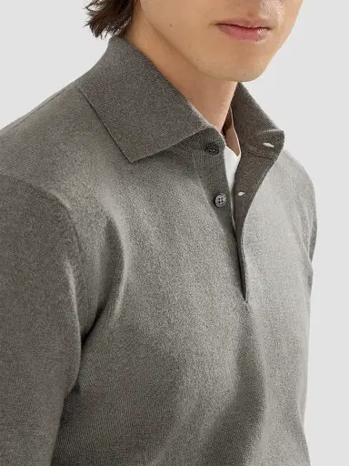 Brunello Cucinelli Men's Cashmere Knit Polo Shirt - Military | Thumbnail 5 Brunello Cucinelli Men's Cashmere Knit Polo Shirt - Military | Thumbnail 5