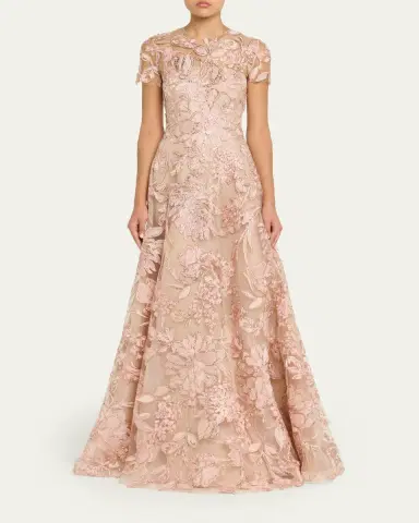 Naeem Khan Floral Raffia Embroidered Tulle Short-Sleeve Gown | Thumbnail 2 Naeem Khan Floral Raffia Embroidered Tulle Short-Sleeve Gown | Thumbnail 2