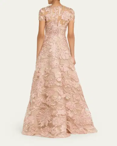 Naeem Khan Floral Raffia Embroidered Tulle Short-Sleeve Gown | Thumbnail 3 Naeem Khan Floral Raffia Embroidered Tulle Short-Sleeve Gown | Thumbnail 3
