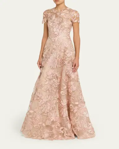 Naeem Khan Floral Raffia Embroidered Tulle Short-Sleeve Gown | Thumbnail 4 Naeem Khan Floral Raffia Embroidered Tulle Short-Sleeve Gown | Thumbnail 4