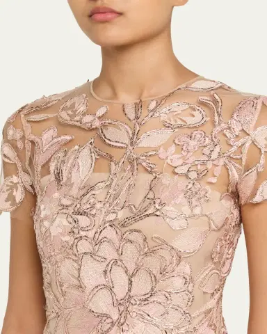 Naeem Khan Floral Raffia Embroidered Tulle Short-Sleeve Gown | Thumbnail 5 Naeem Khan Floral Raffia Embroidered Tulle Short-Sleeve Gown | Thumbnail 5