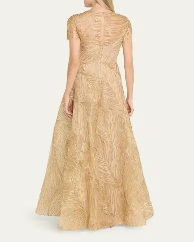 Naeem Khan Metallic Raffia Embroidered Short-Sleeve Gown | Thumbnail 3 Naeem Khan Metallic Raffia Embroidered Short-Sleeve Gown | Thumbnail 3