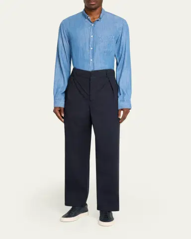 OFFICINE GÉNÉRALE Men's Cotton Twill Wide-Leg Pleated Trousers | Thumbnail 2 OFFICINE GÉNÉRALE Men's Cotton Twill Wide-Leg Pleated Trousers | Thumbnail 2
