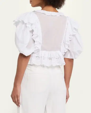 Chloé Ruffled Eyelet Cotton Puff-Sleeve Crop Top | Thumbnail 3 Chloé Ruffled Eyelet Cotton Puff-Sleeve Crop Top | Thumbnail 3