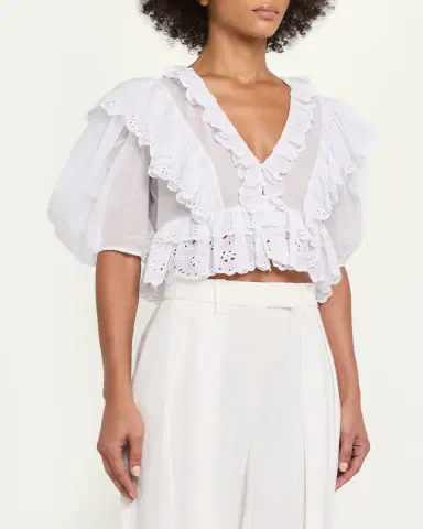 Chloé Ruffled Eyelet Cotton Puff-Sleeve Crop Top | Thumbnail 4 Chloé Ruffled Eyelet Cotton Puff-Sleeve Crop Top | Thumbnail 4