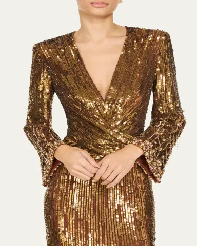 Jenny Packham Cosmos Long-Sleeve V-Neck Sequin Gown | Thumbnail 4 Jenny Packham Cosmos Long-Sleeve V-Neck Sequin Gown | Thumbnail 4